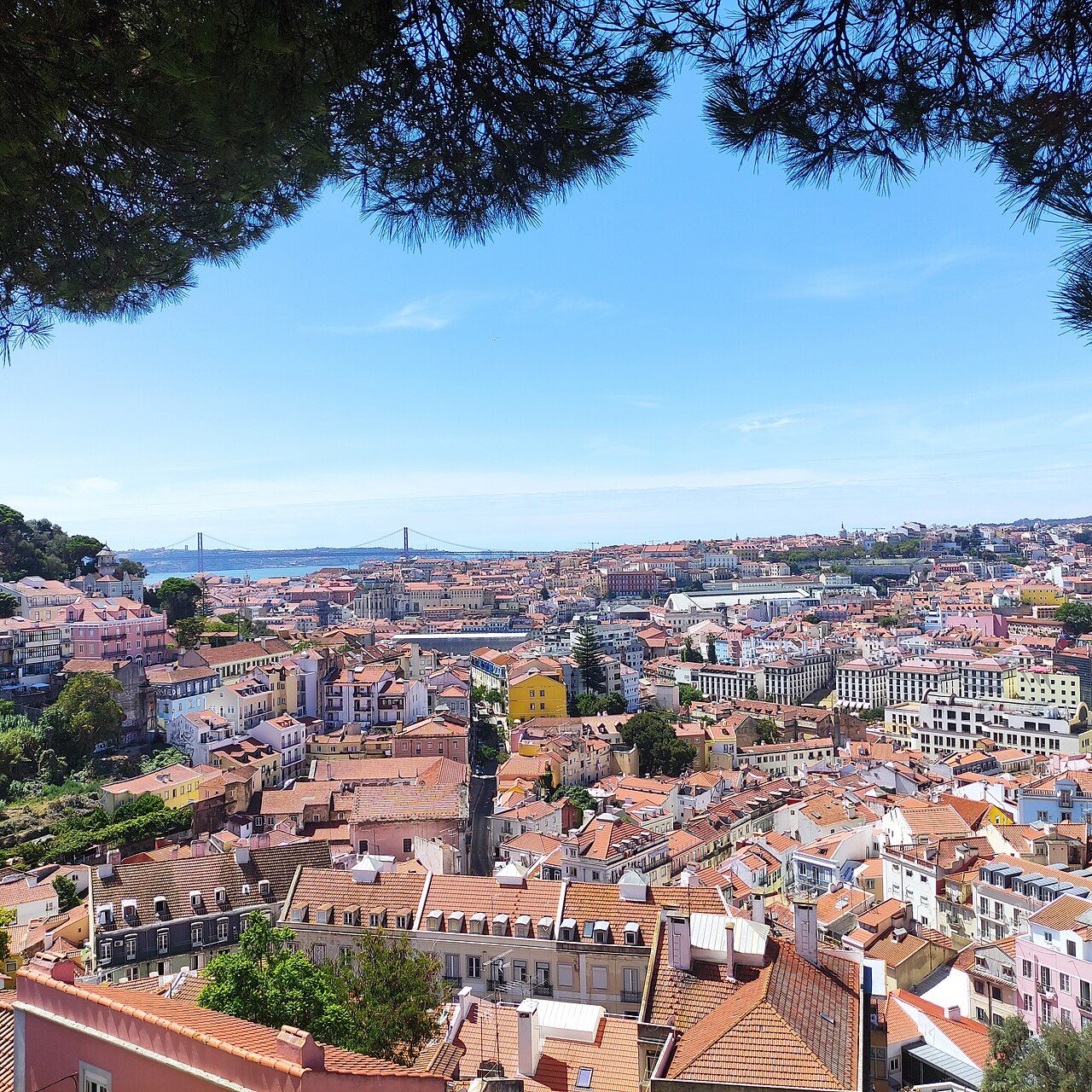 Vue réelle de Lisbonne depuis le belvédère de Graça, avec les toits et le Tage