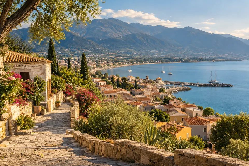 Illustration IA inspirée de Kalamata, Grèce — scène d’ambiance non documentaire